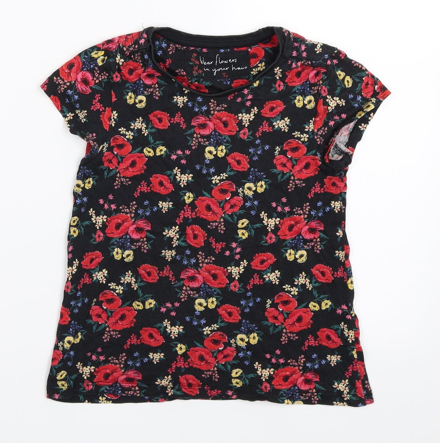 TU Girls Black Floral  Basic T-Shirt Size 7 Years