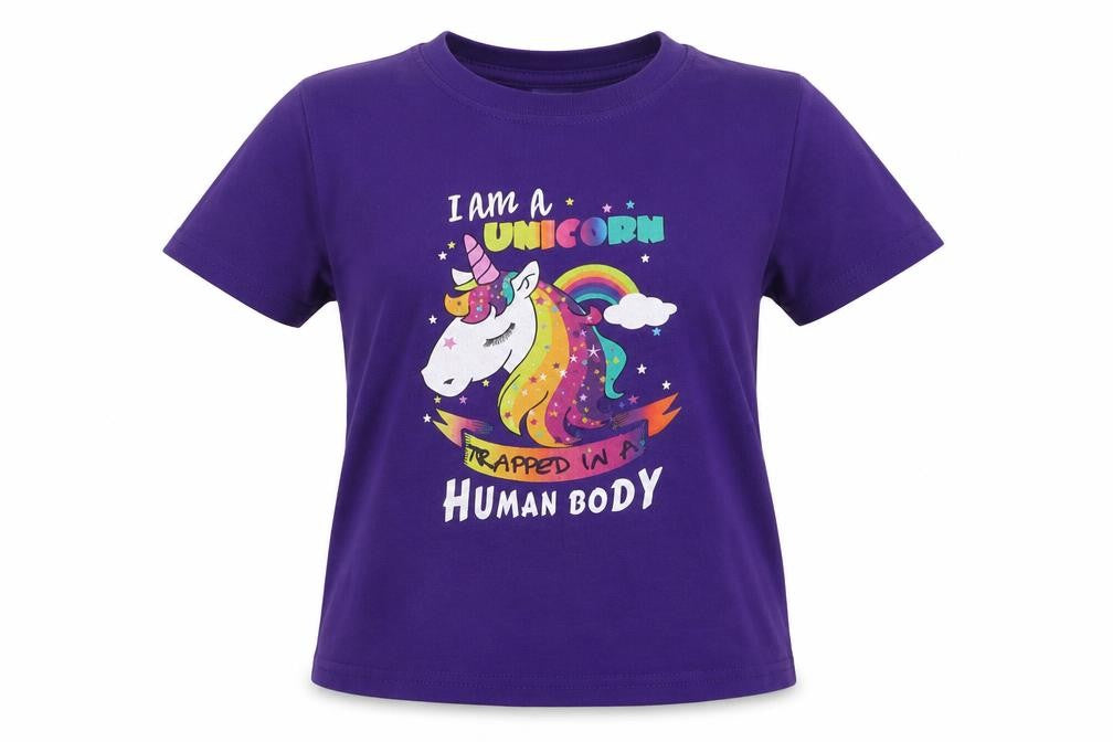 Front view of Gilan girls’ purple jersey basic t-shirt, size L, - i am a unicorn