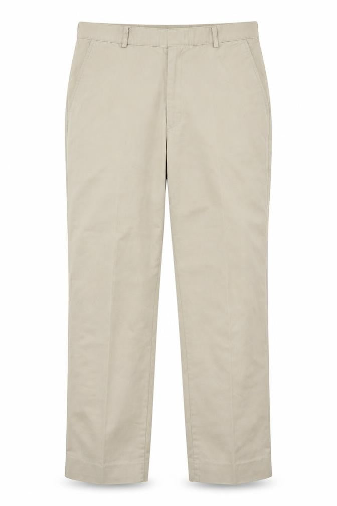 Front view of men’s casuals womens beige trousers, size 38, 28-inch leg