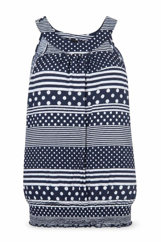 Front view of B.C. Best Connections women’s blue geometric basic blouse, size UK 14