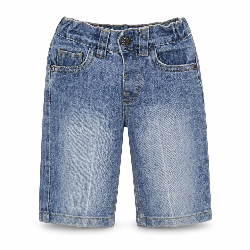 Front view of Denim & Co. boys’ blue denim chino trousers, size 3-4, years