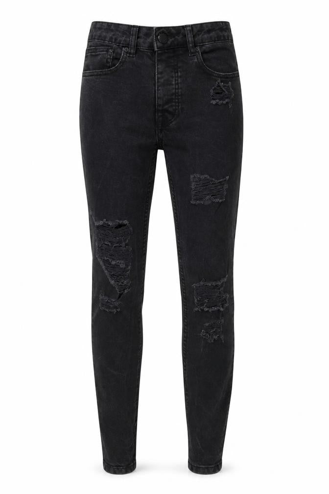 Front view of Denim & Co. women’s black denim skinny jeans, size UK 10, 27-inch leg