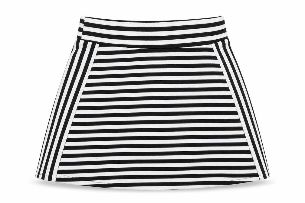 Front view of George girls’ black striped mini skirt, size 6-7, years
