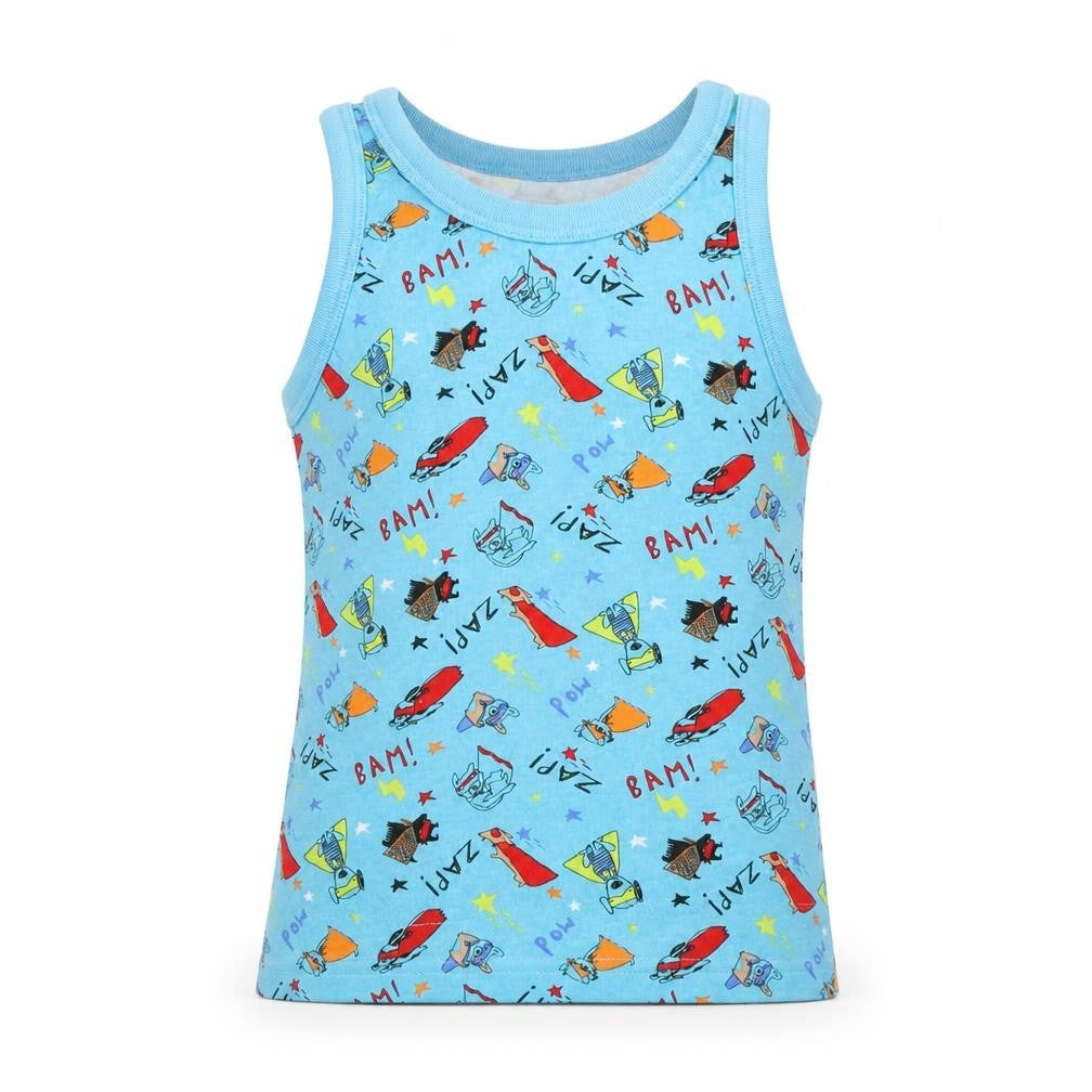 Front view of George boys’ blue basic tank, size 5-6, years - superhero