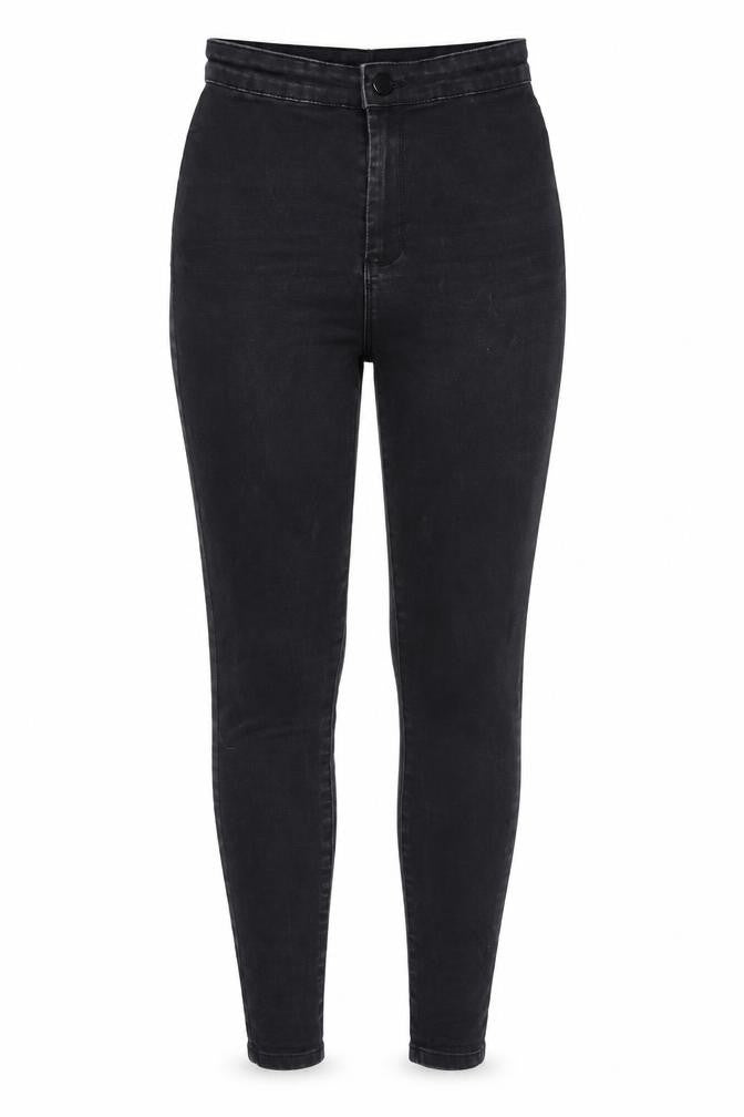 Front view of Denim & Co. women’s black denim skinny jeans, size UK 10, 28-inch leg