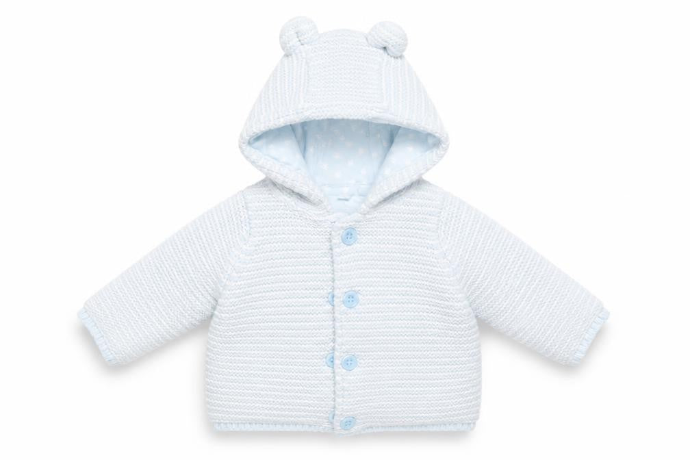 Front view of Marks & Spencer Baby Blue Striped Full Zip Jumper, size 0-3, Months - Ears