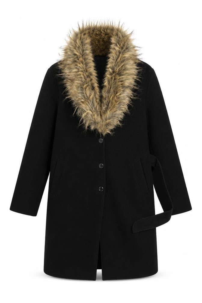 Front view of Preworn women’s black overcoat coat, size UK 10