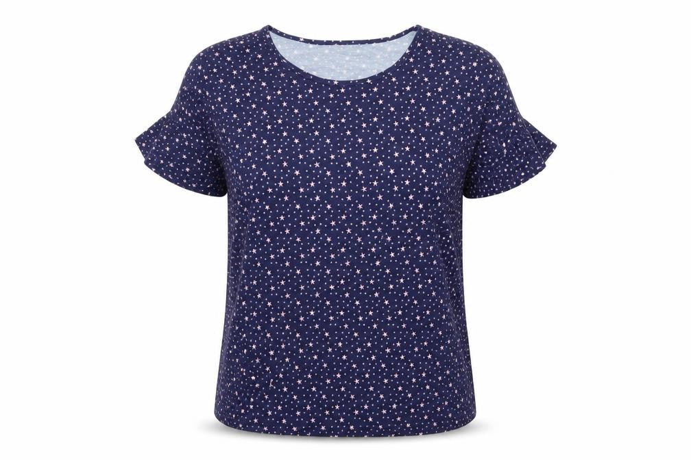 Front view of Preworn women’s blue polka dot basic blouse, size UK 12, - 20