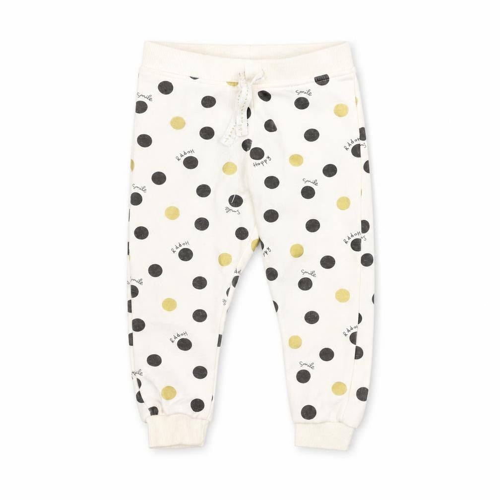 Front view of Primark Baby White Polka Dot sweatpants, size 12-18, Months