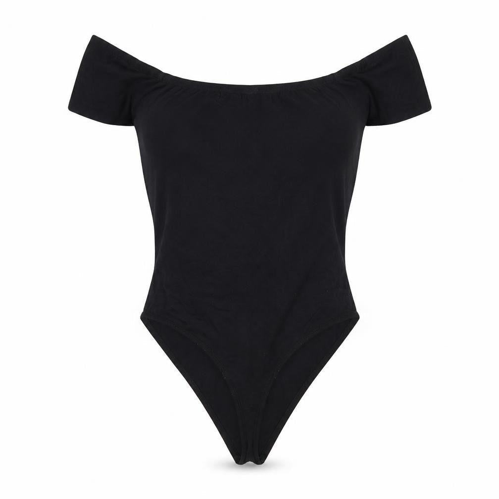 Front view of PRETTYLITTLETHING women’s black bodysuit one-piece, size UK 10