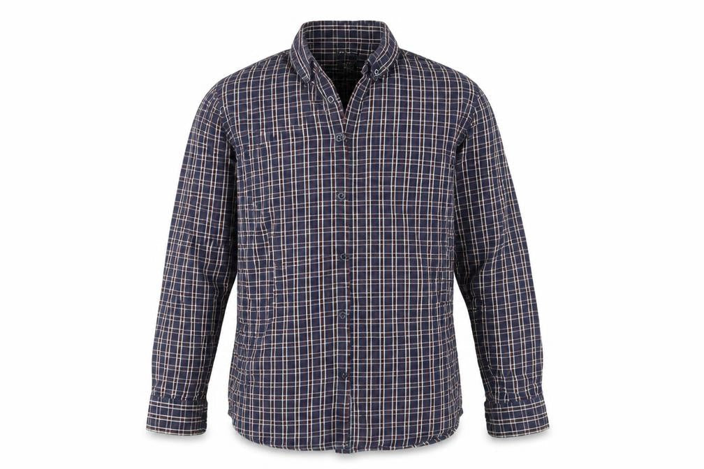 Front view of F&F men’s blue plaid button-up, size L