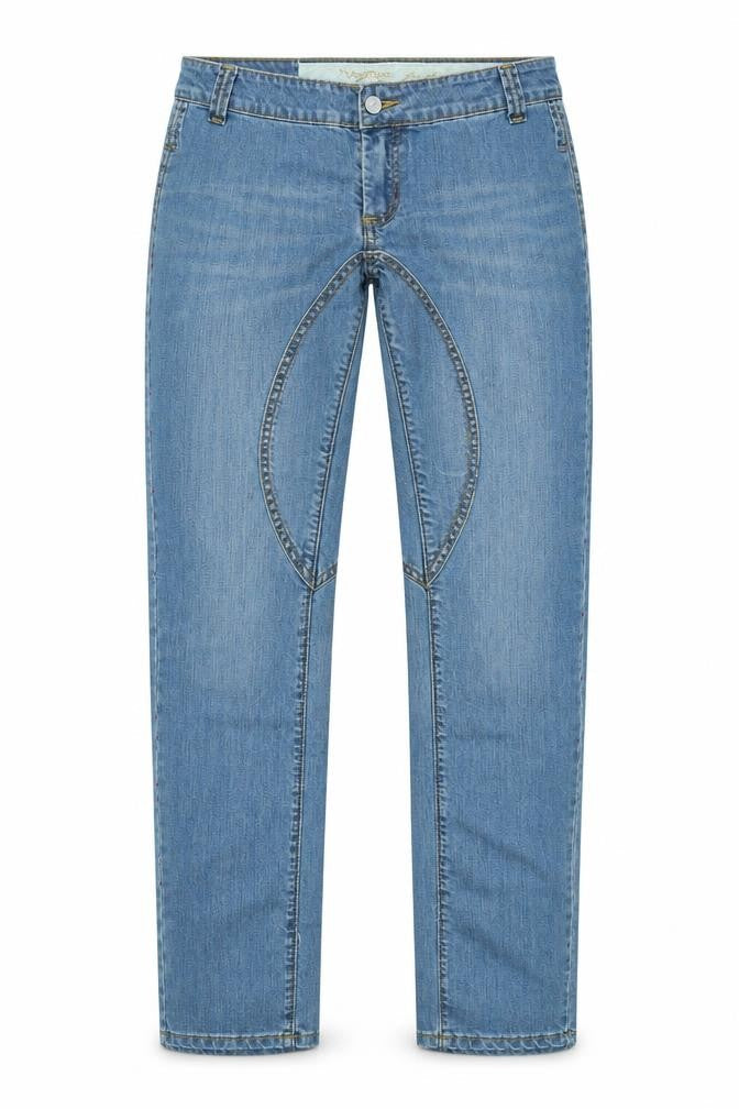 Front view of Yes Miss women’s blue denim straight jeans, size XL, 30-inch leg