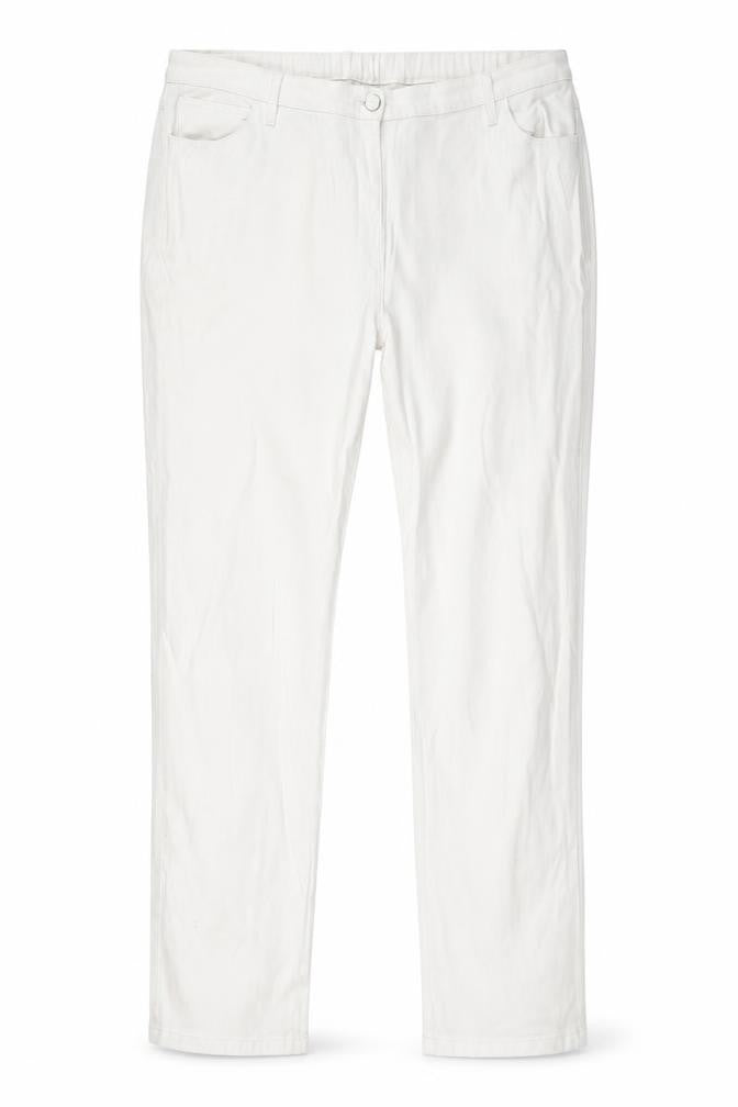 Front view of women’s white denim skinny jeans, size UK 38, in, 27-inch leg
