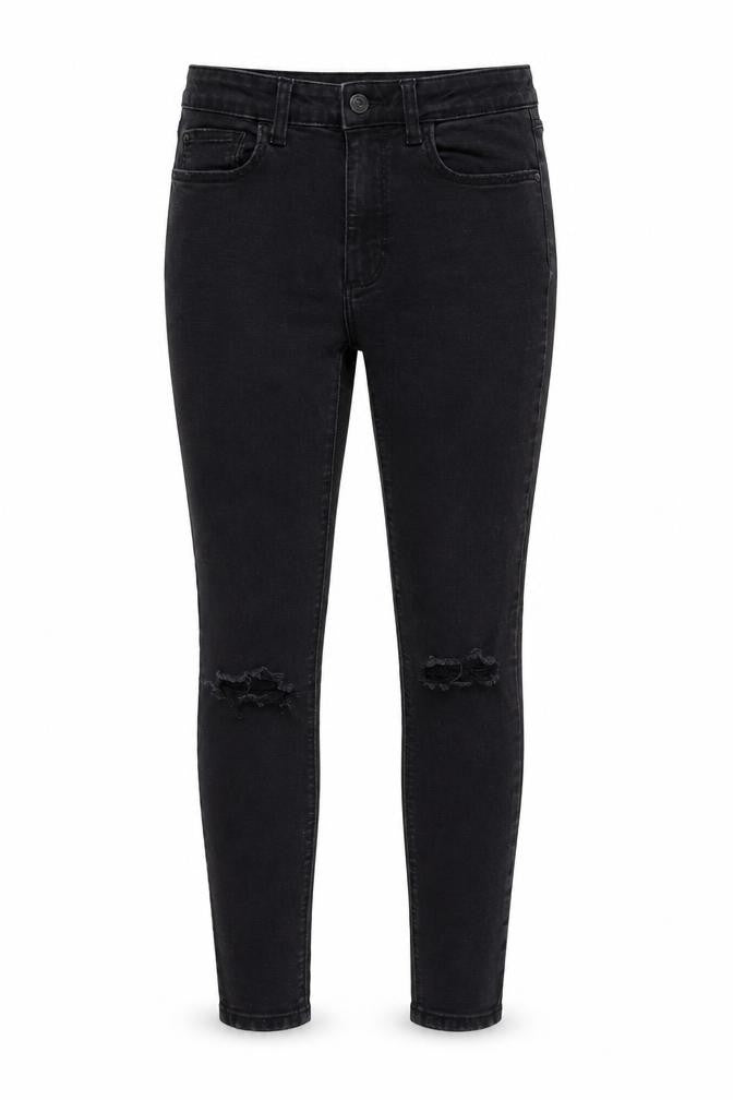 Front view of Denim & Co. women’s black denim skinny jeans, size UK 10, 27-inch leg
