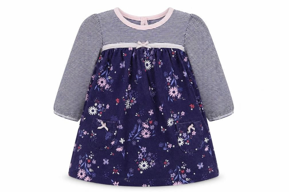 Front view of George girls’ blue floral t-shirt dress, size 0-3, months