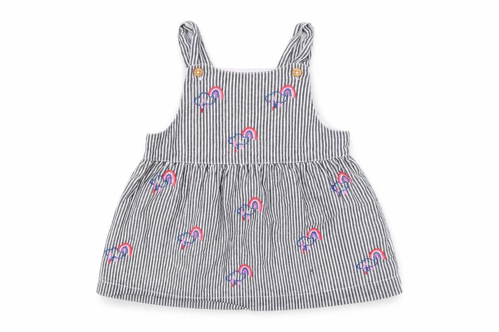 Front view of little ones girls’ black striped jacket dress, size 3-6, months