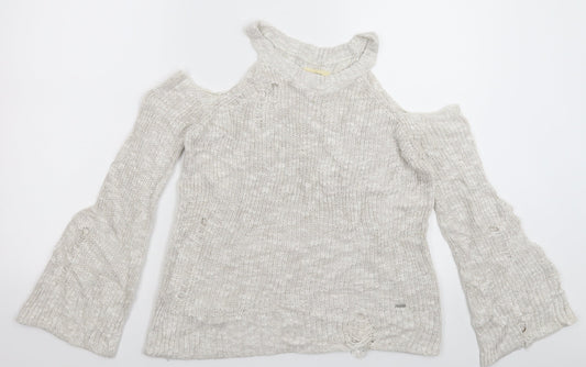 Womens UK S Regular Hollister Grey Pullover Waffle-Knit