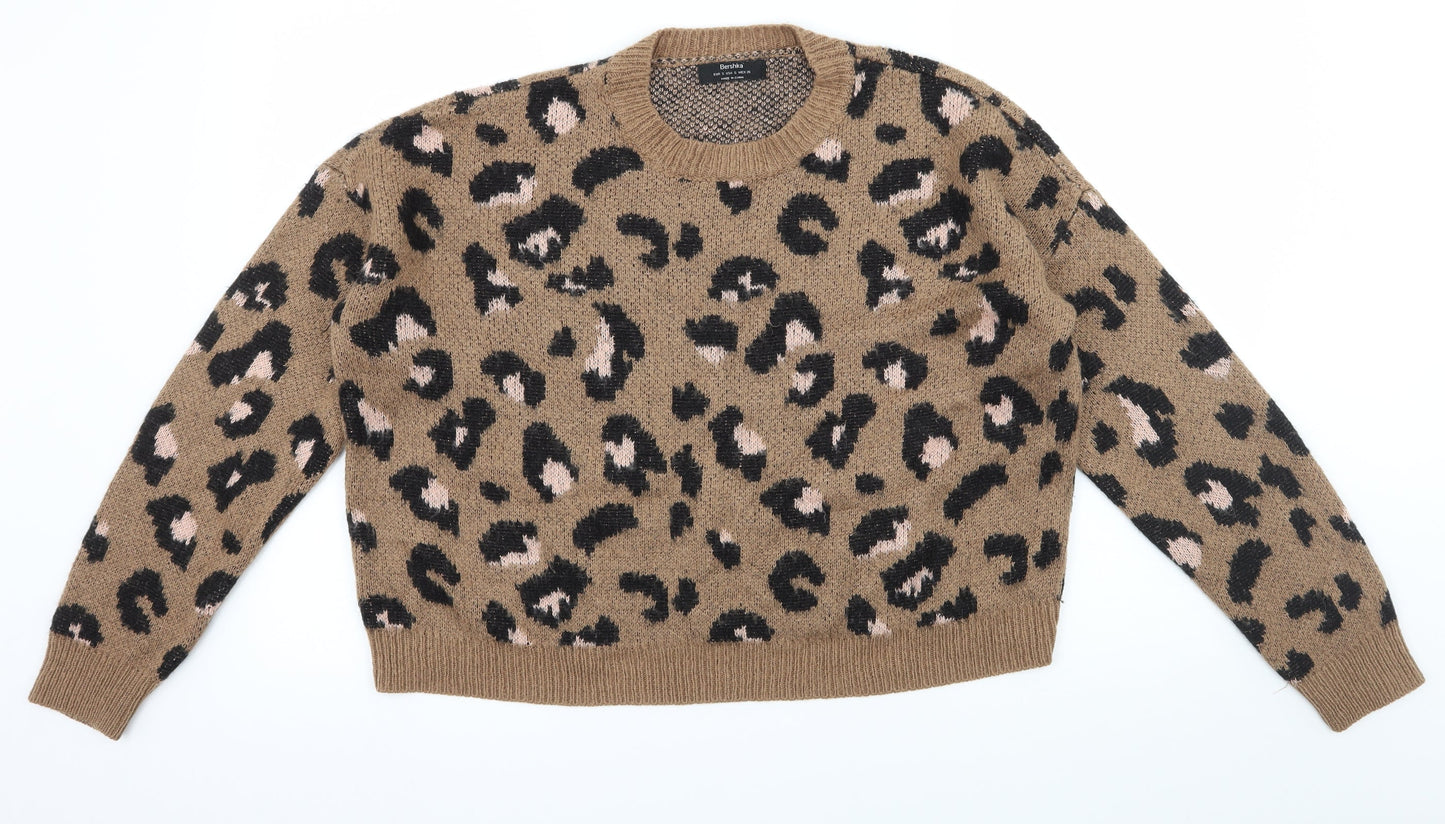 Bershka Womens Brown Animal Print Knit Pullover Jumper Size S