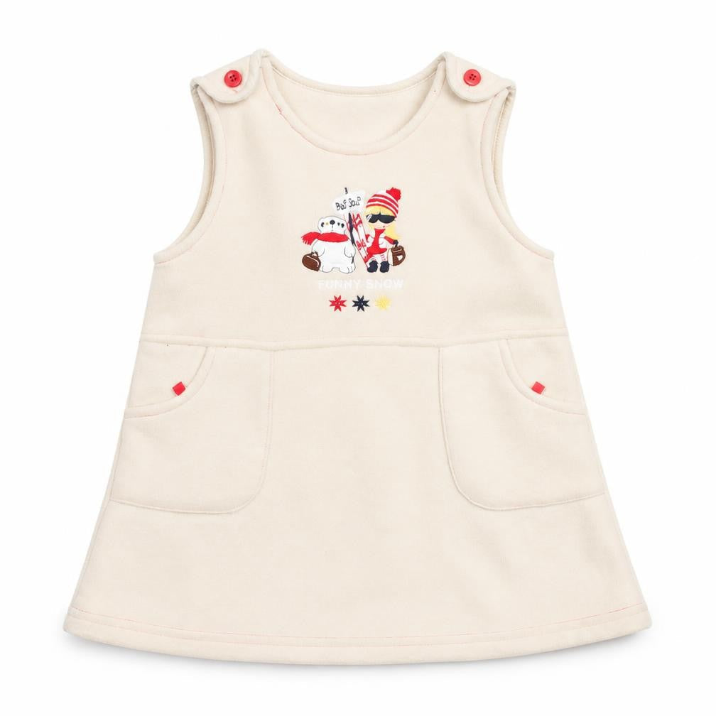 Front view of Pick Ouic girls’ ivory pinafore/dungaree dress, size 18, months