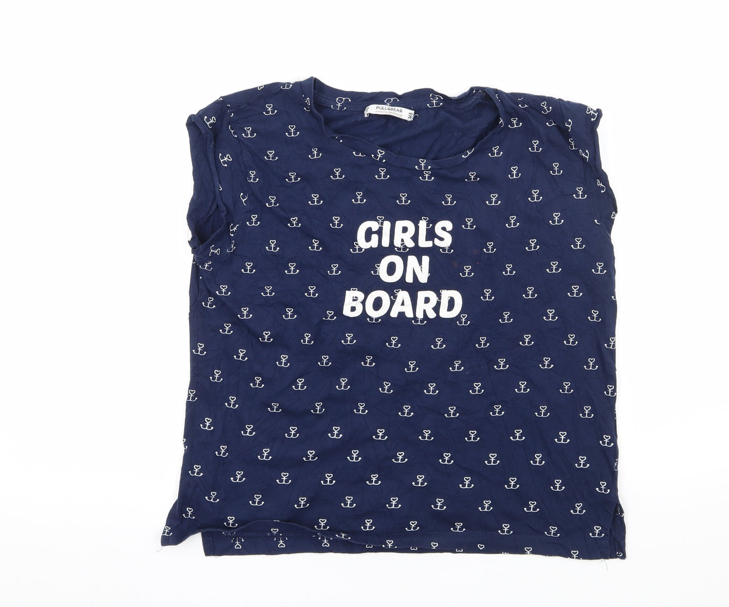 Pull&Bear Womens Blue Geometric Jersey Basic T-Shirt Size S  - Girls on Board