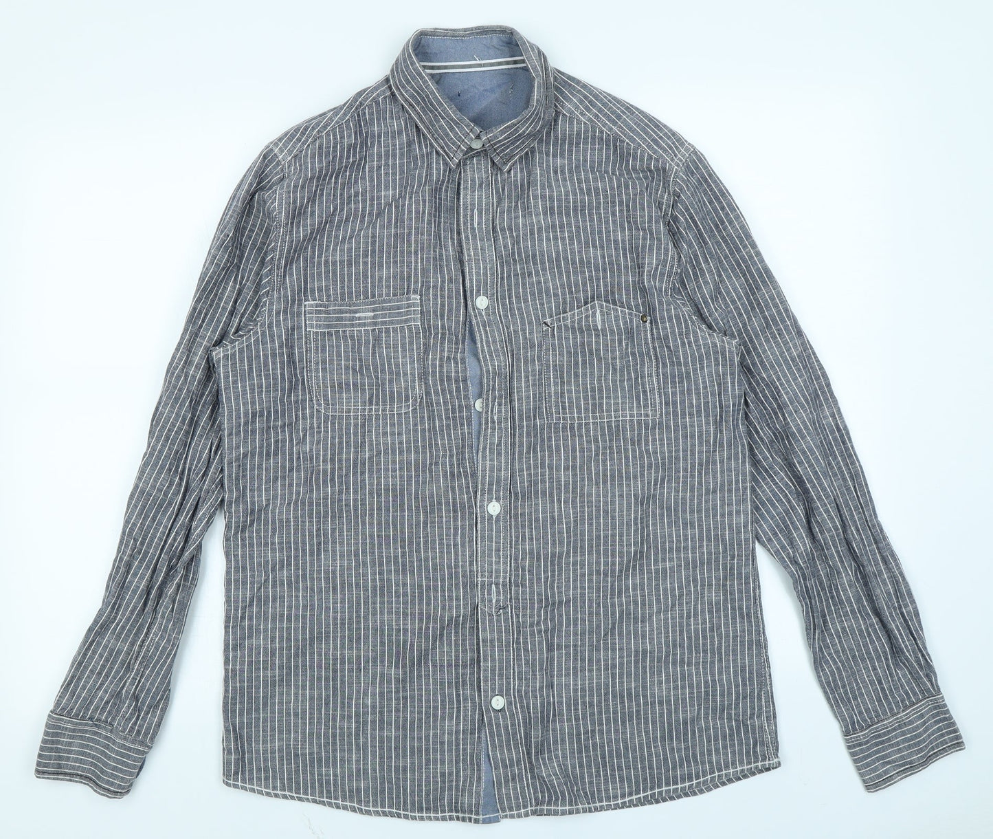 Peacocks Mens Grey Striped   Button-Up Size M