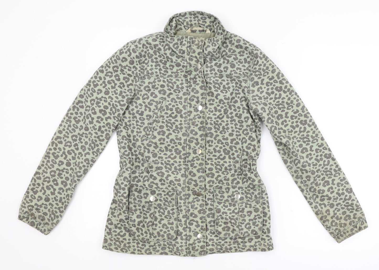 H&M Womens Green Animal Print  Overcoat Coat Size 8