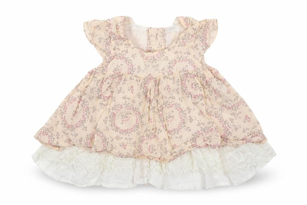 Front view of Rockabye-Baby girls’ beige floral shirt dress, size 3-6, months