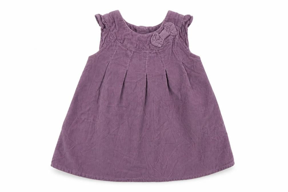 Front view of Mini Club girls’ purple corduroy pinafore/dungaree dress, size 6-9, months