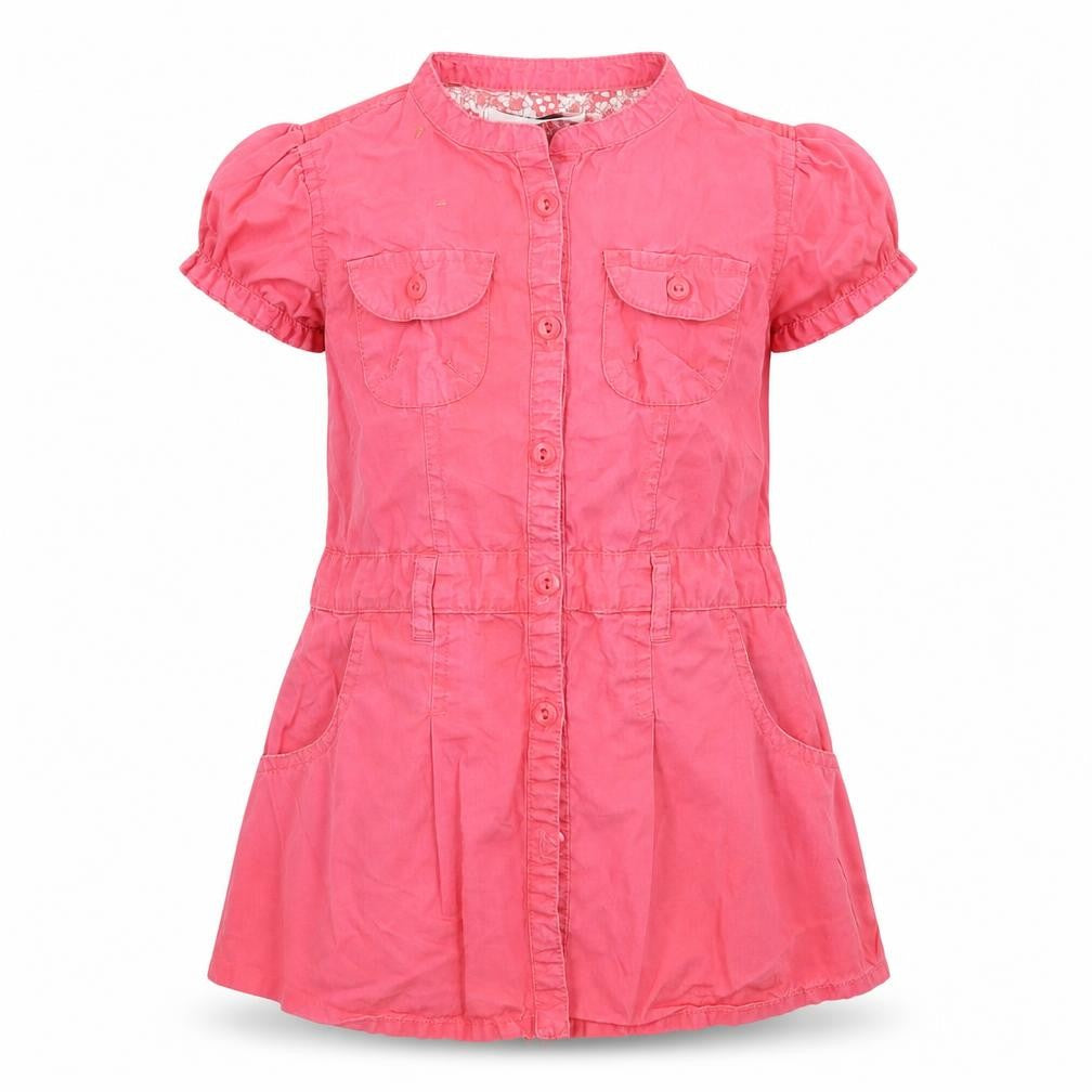 Front view of Early Days girls’ pink shirt dress, size 18-24, months