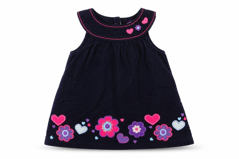 Front view of Cheeky monkey girls’ blue floral corduroy fit & flare, size 12-18, months