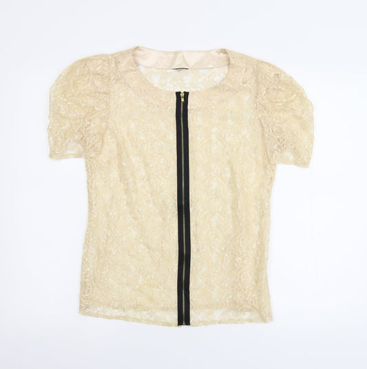Preworn Womens Beige Floral Lace Basic Blouse Size M
