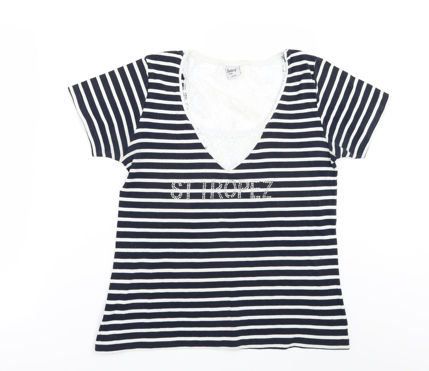 FANTASY SYLE Womens Black Striped  Basic T-Shirt Size 2XL  - lace back