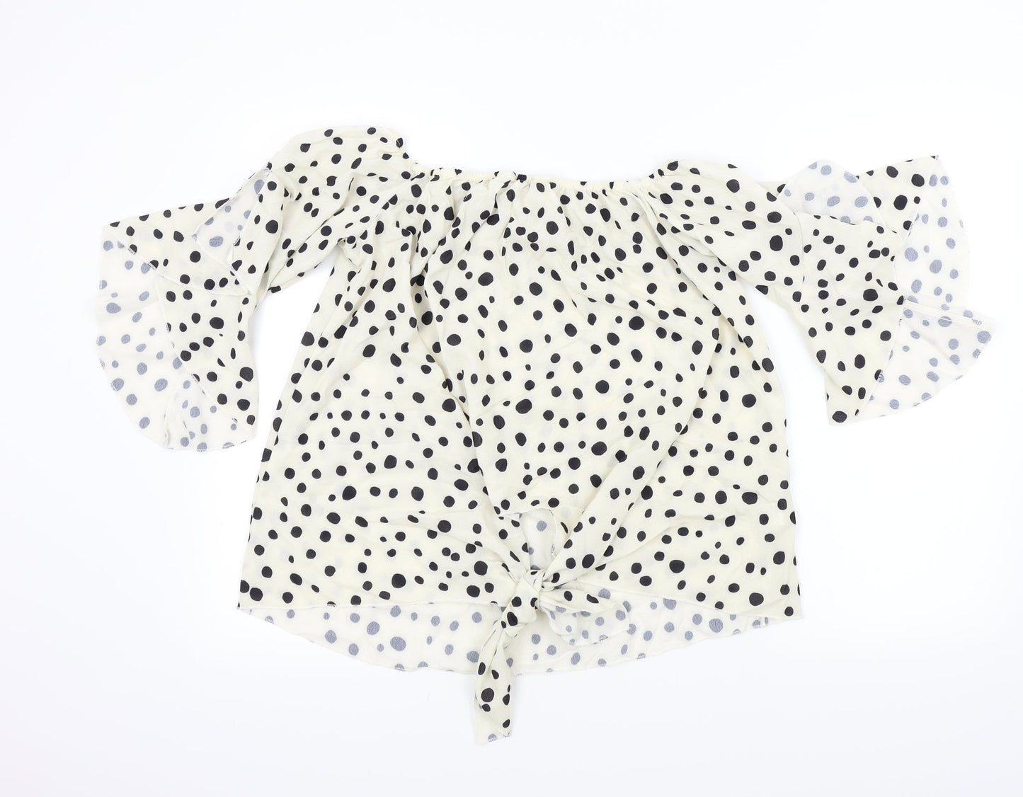 Preworn Womens Beige Polka Dot  Basic Blouse Size L  - Frill Detail