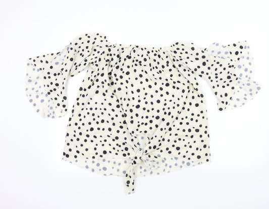 Preworn Womens Beige Polka Dot  Basic Blouse Size L  - Frill Detail