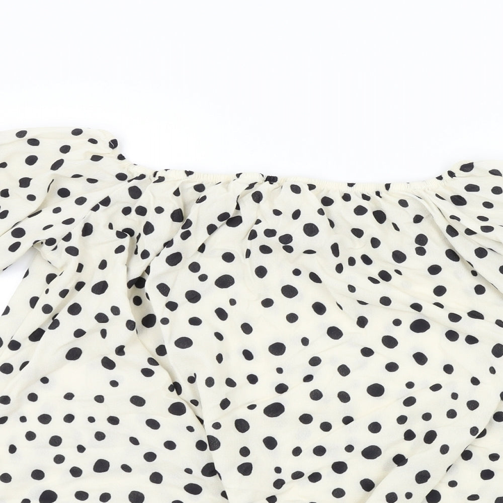 Preworn Womens Beige Polka Dot  Basic Blouse Size L  - Frill Detail
