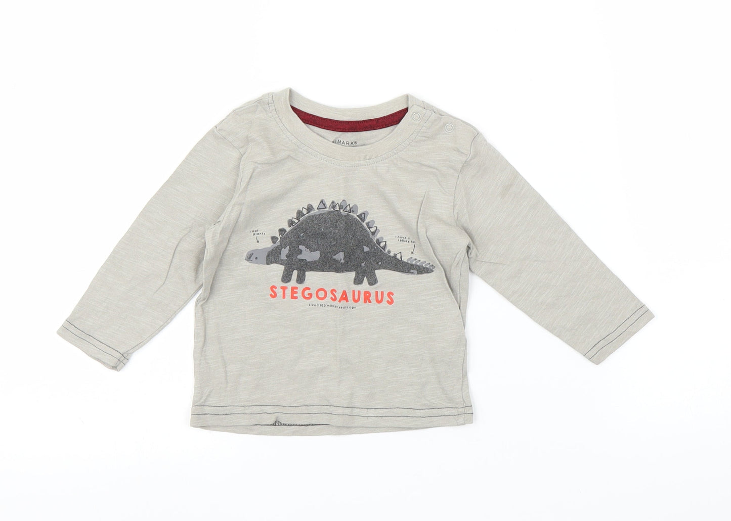 Primark Boys Grey   Basic T-Shirt Size 6-9 Months  - Dinosaur