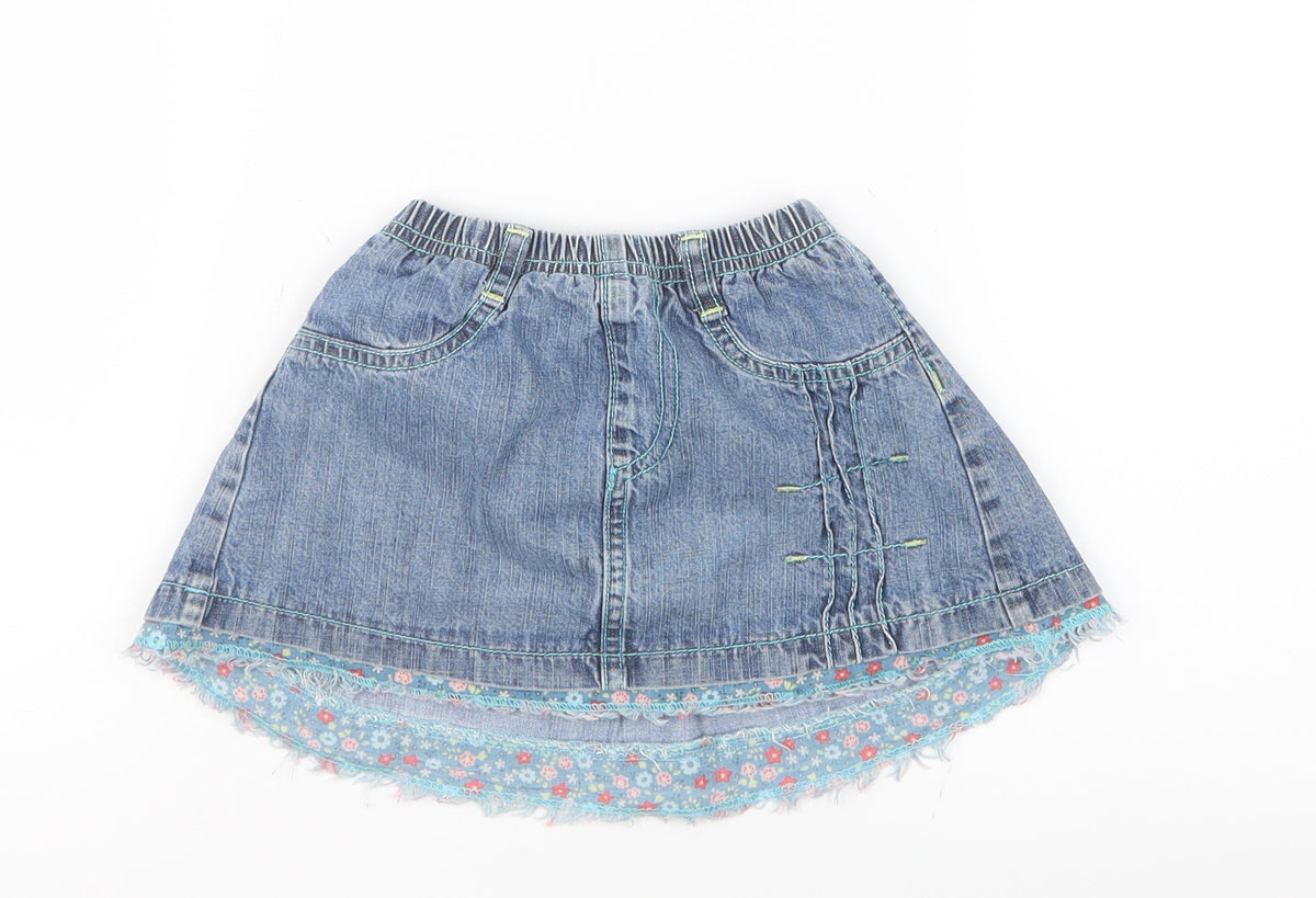 Front view of Dudu girls’ blue denim a-line skirt, size 12, months
