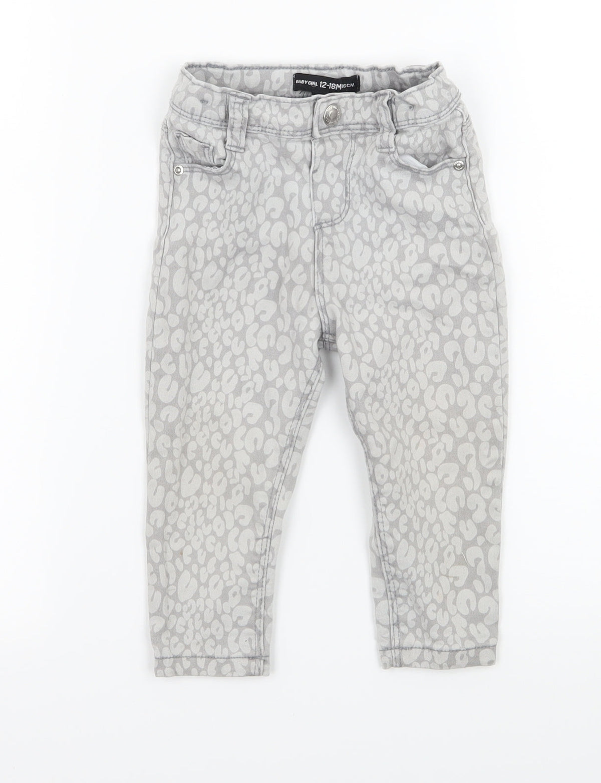Front view of Denim & Co. girls’ grey animal print denim capri jeans, size 12-18, months