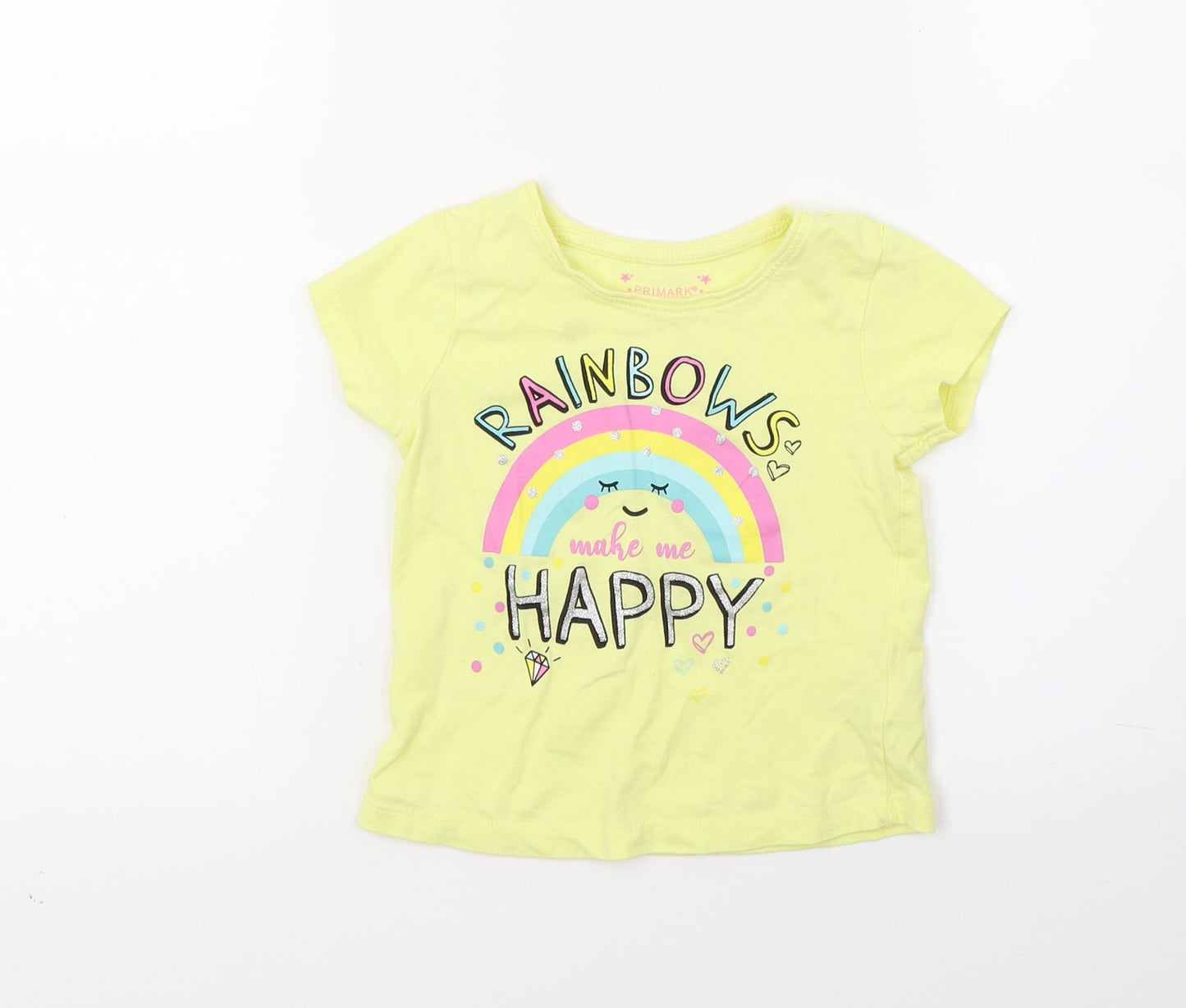 Primark Girls Yellow   Basic T-Shirt Size 2-3 Years  - Rainbows