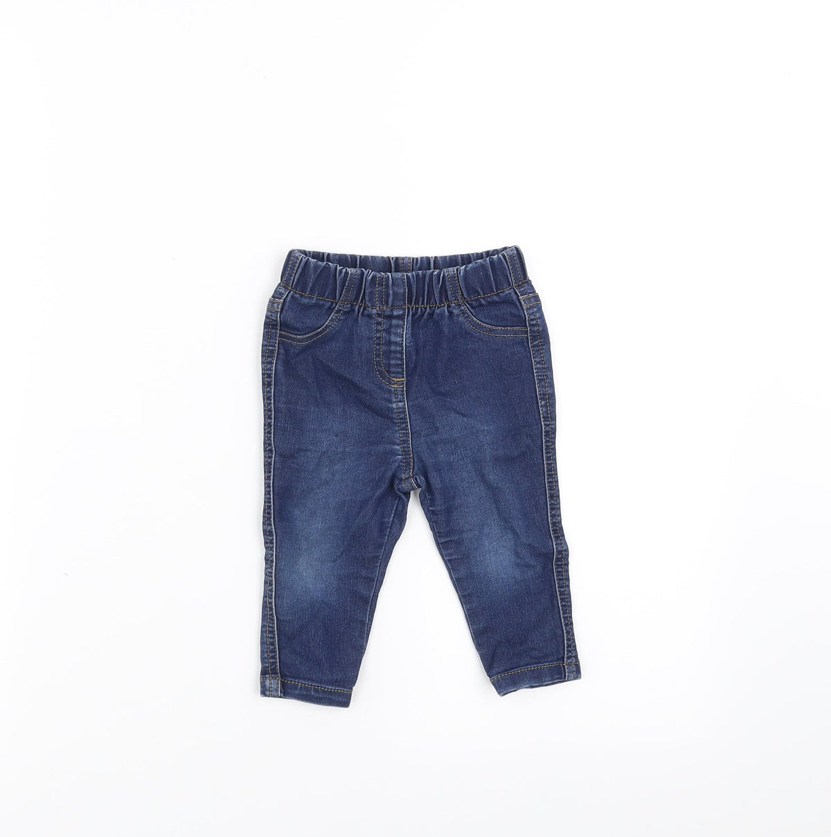 Front view of Matalan girls’ blue denim jeans, size 6-9, months