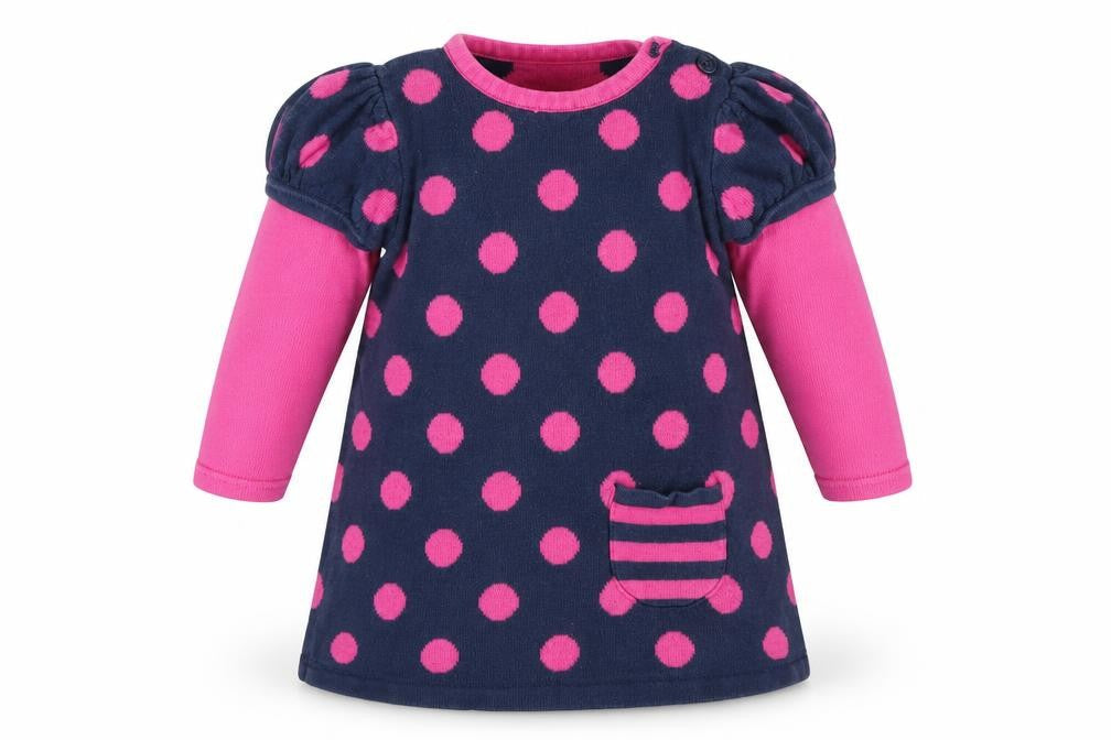 Front view of George girls’ blue polka dot jumper dress, size 3-6, months - pink