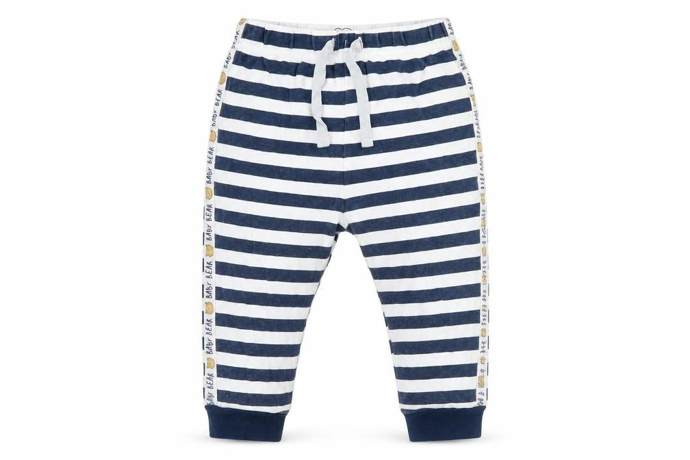 Front view of studio baby boys’ blue striped jersey cami pyjama pants, size 12-18, months - bear