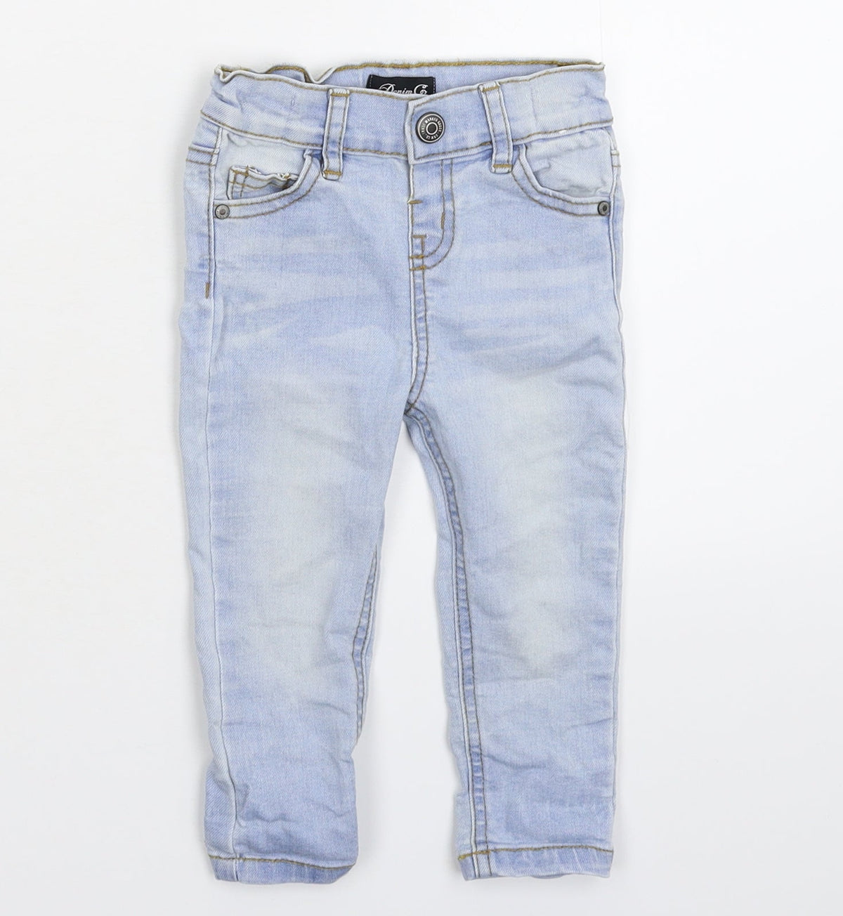 Additional front view of Denim & Co. Baby Blue Denim Capri Jeans, size 9-12, Months