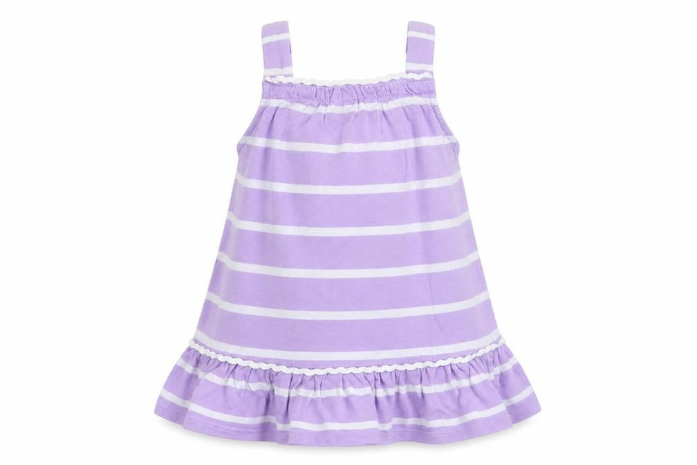 Front view of Old Navy girls’ purple striped tank dress, size 3-6, months