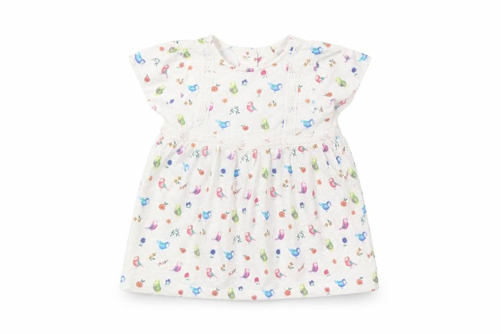 Front view of Mini Club girls’ white floral t-shirt dress, size 0-3, months