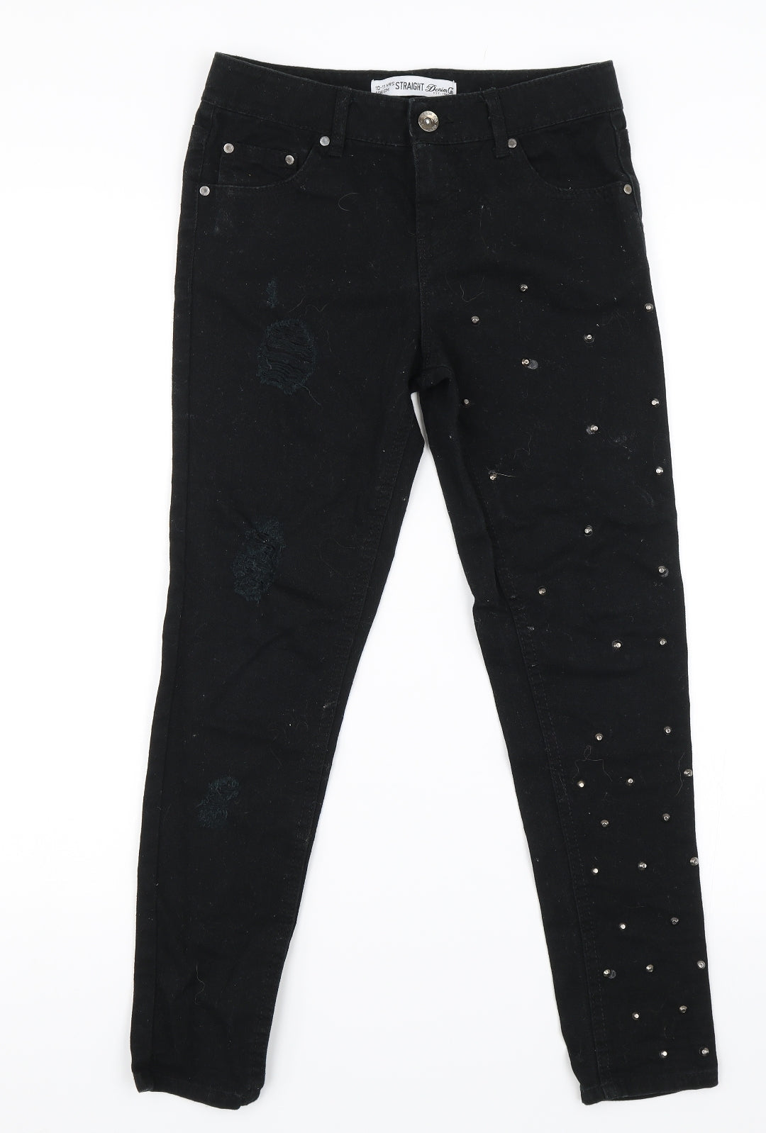 Front view of Denim & Co. girls’ black denim straight jeans, size 10-11, years