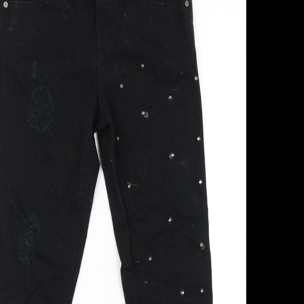 Close-up detail of Denim & Co. girls’ black denim straight jeans, size 10-11, years