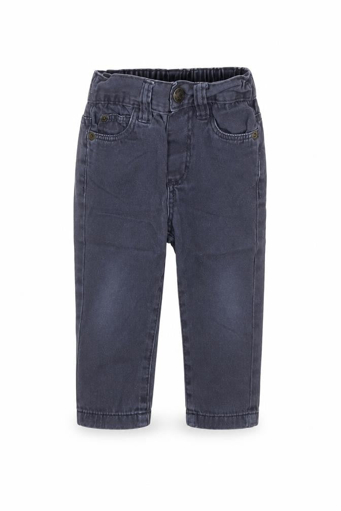 Front view of Little Rebel boys’ blue denim snow pants jeans, size 12-18, months