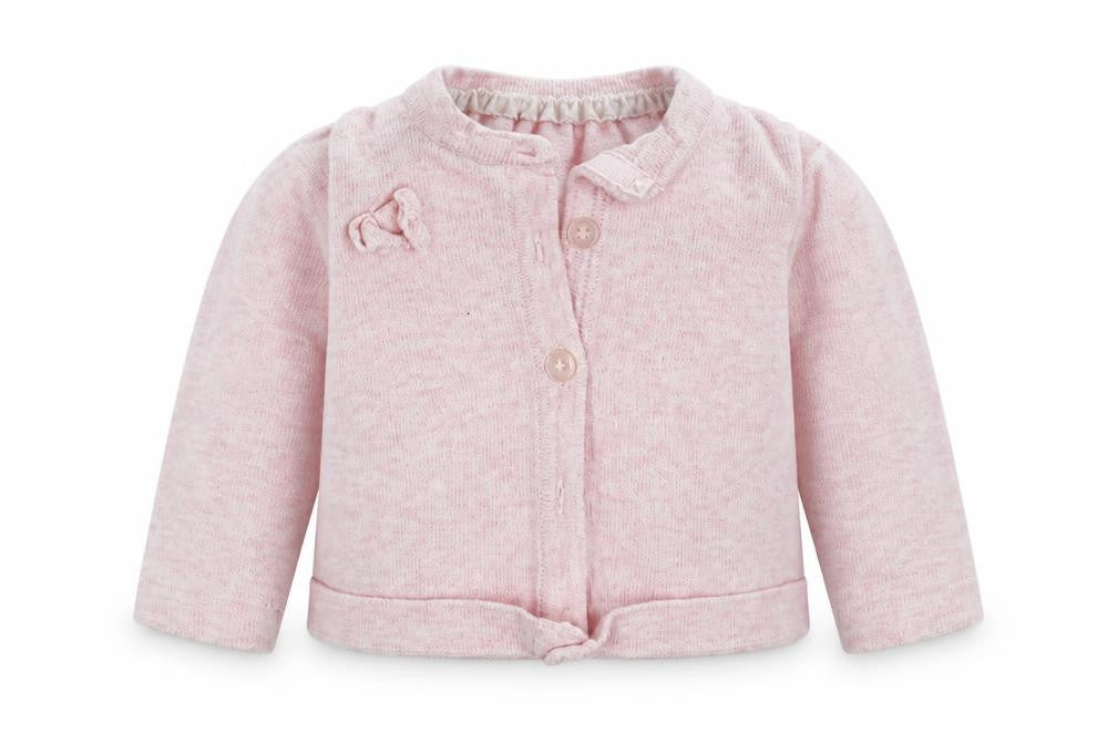 Front view of Early Days girls’ pink knit cardigan jumper, size 0-3, months
