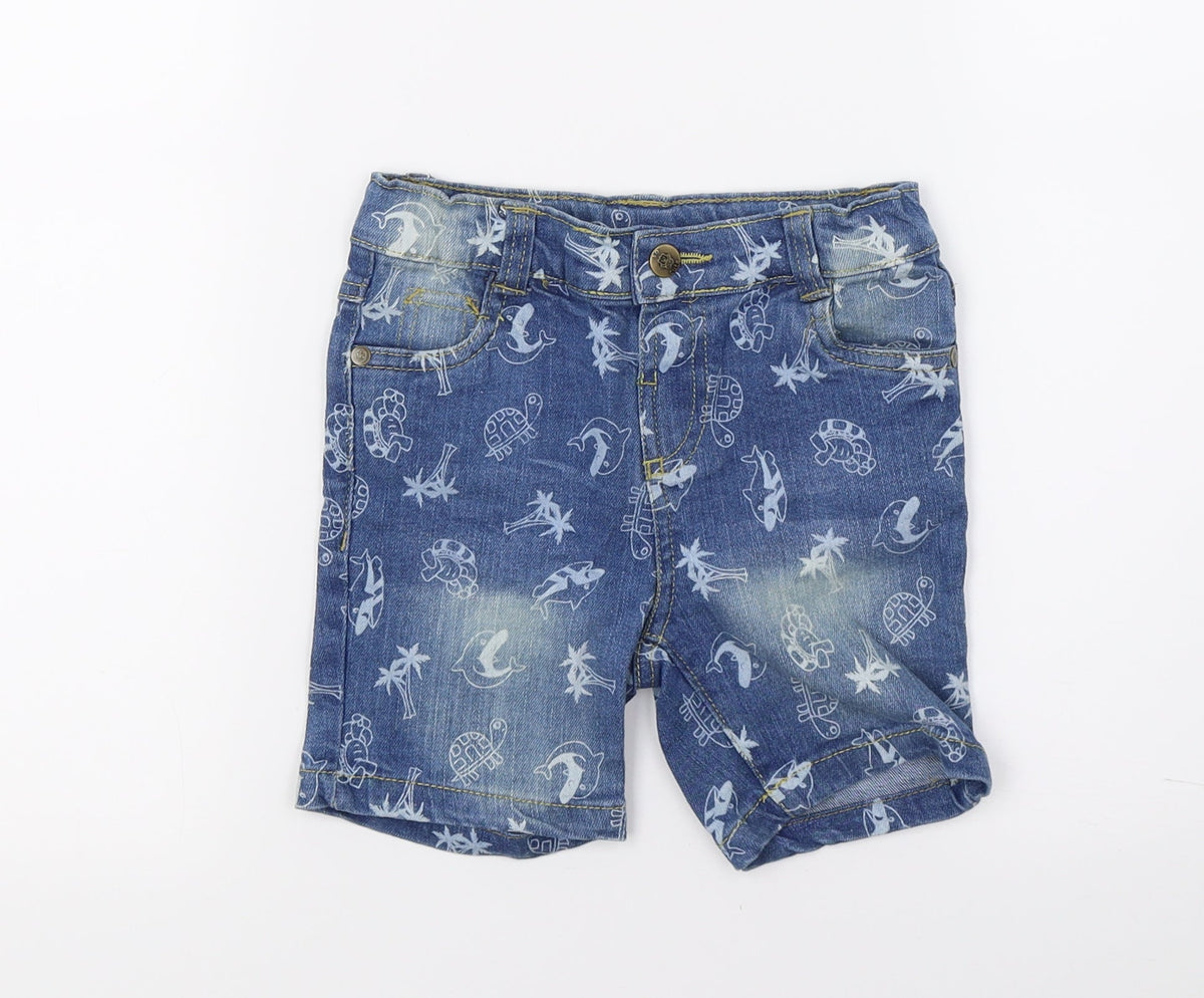 Front view of So cute boys’ blue denim bermuda shorts, size 2, years - whale print